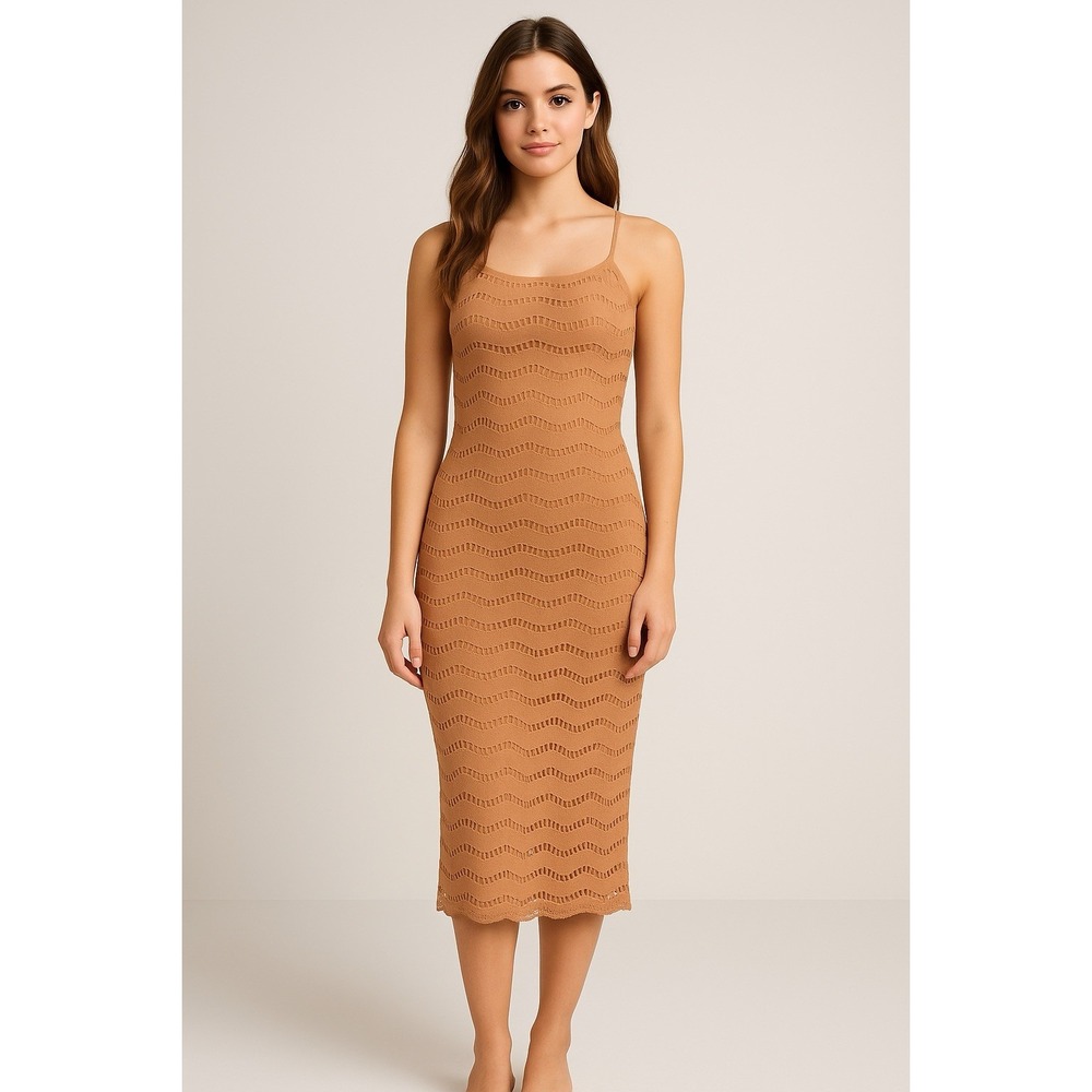 Walter Baker Women's Crochet Knit Midi‎ Dress Tan Bodycon Sleeveless Size 8